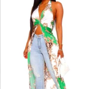 Fashion Nova Green White Baroque Print Halter Shirt Dress NWT